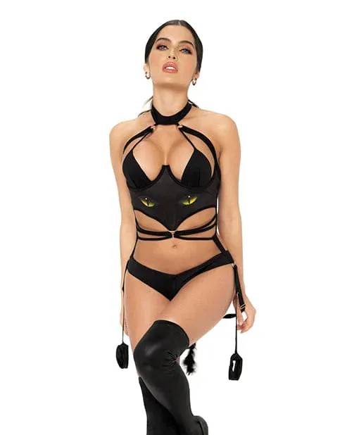 1 Piece Cat Girl Bodysuit With attached Wrist Straps Black