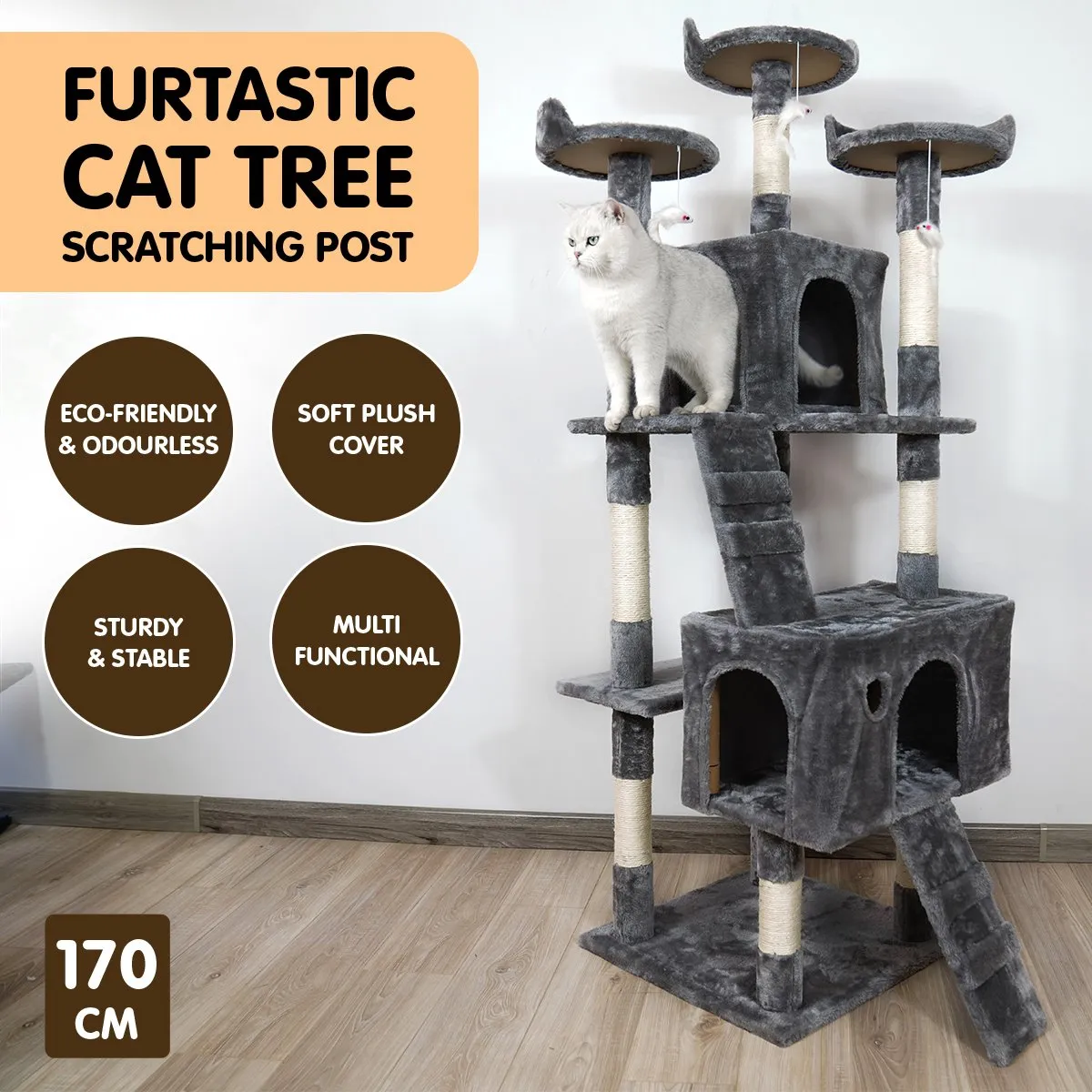 170cm Eco Cat Tree w/ Cubby Houses, Toys & Scratching Posts