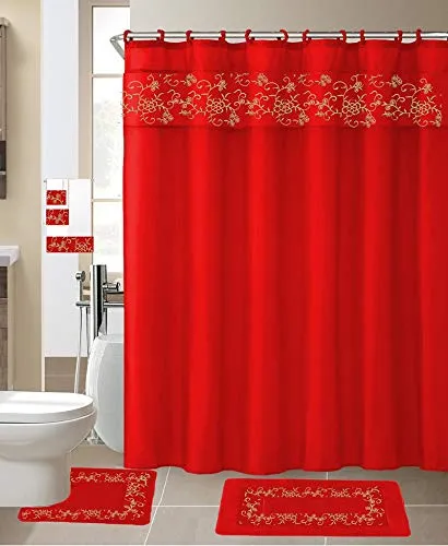 18 Pcs Shower Curtain Embroidery Bath Mat Contour Rug Towel Set