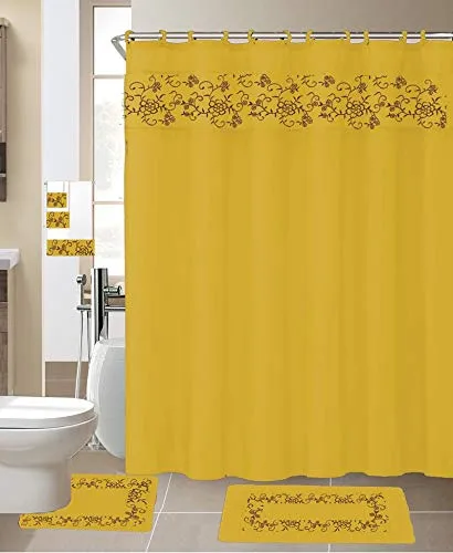 18 Pcs Shower Curtain Embroidery Bath Mat Contour Rug Towel Set