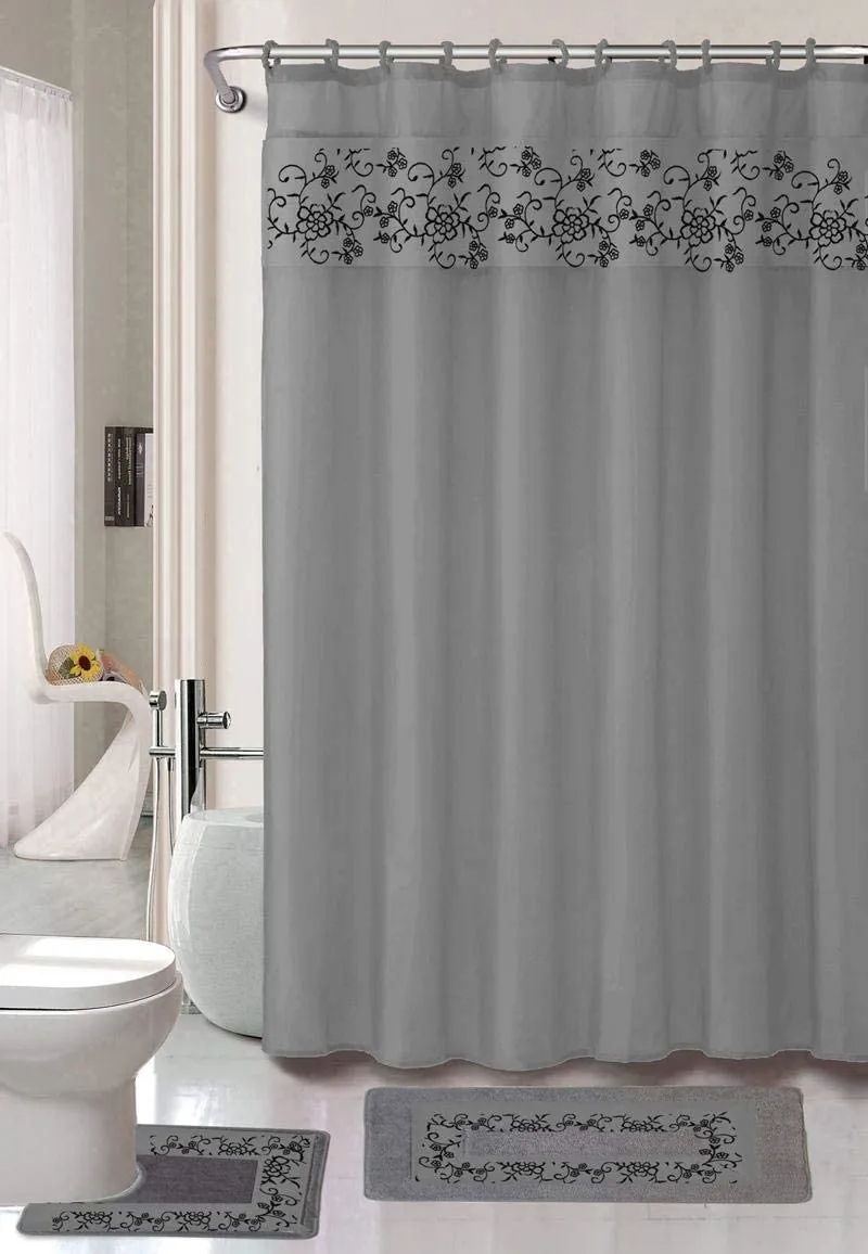 18 Pcs Shower Curtain Embroidery Bath Mat Contour Rug Towel Set