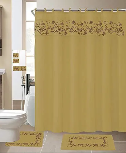 18 Pcs Shower Curtain Embroidery Bath Mat Contour Rug Towel Set