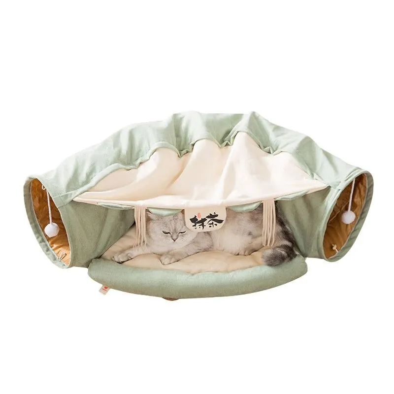 2-in-1 Cat Tunnel Bed Play Mat With Hanging Balls