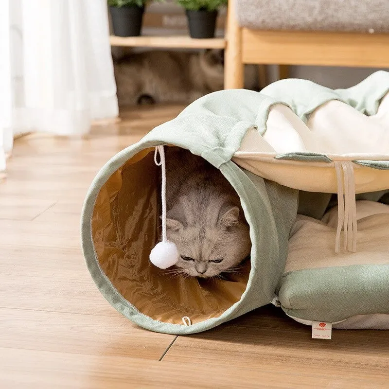 2-in-1 Cat Tunnel Bed Play Mat With Hanging Balls