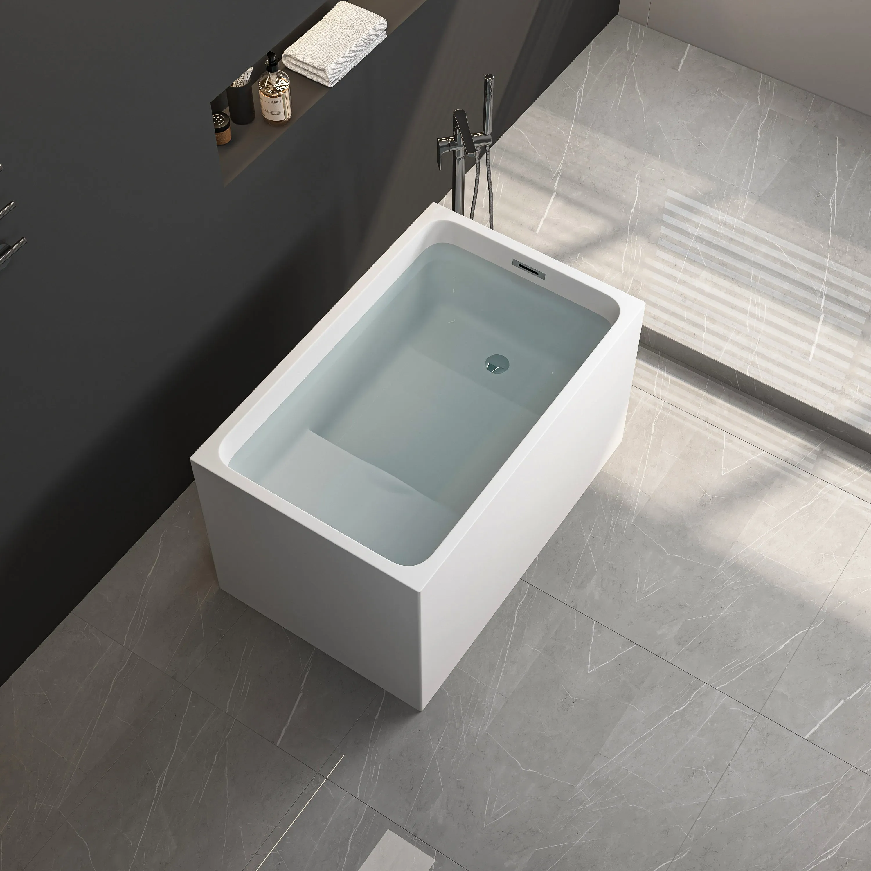 43" Acrylic Freestanding Bathtub with seat: Spacious rectangle Shape, Gloss White Finish, Chrome Overflow & Pop-Up Drain