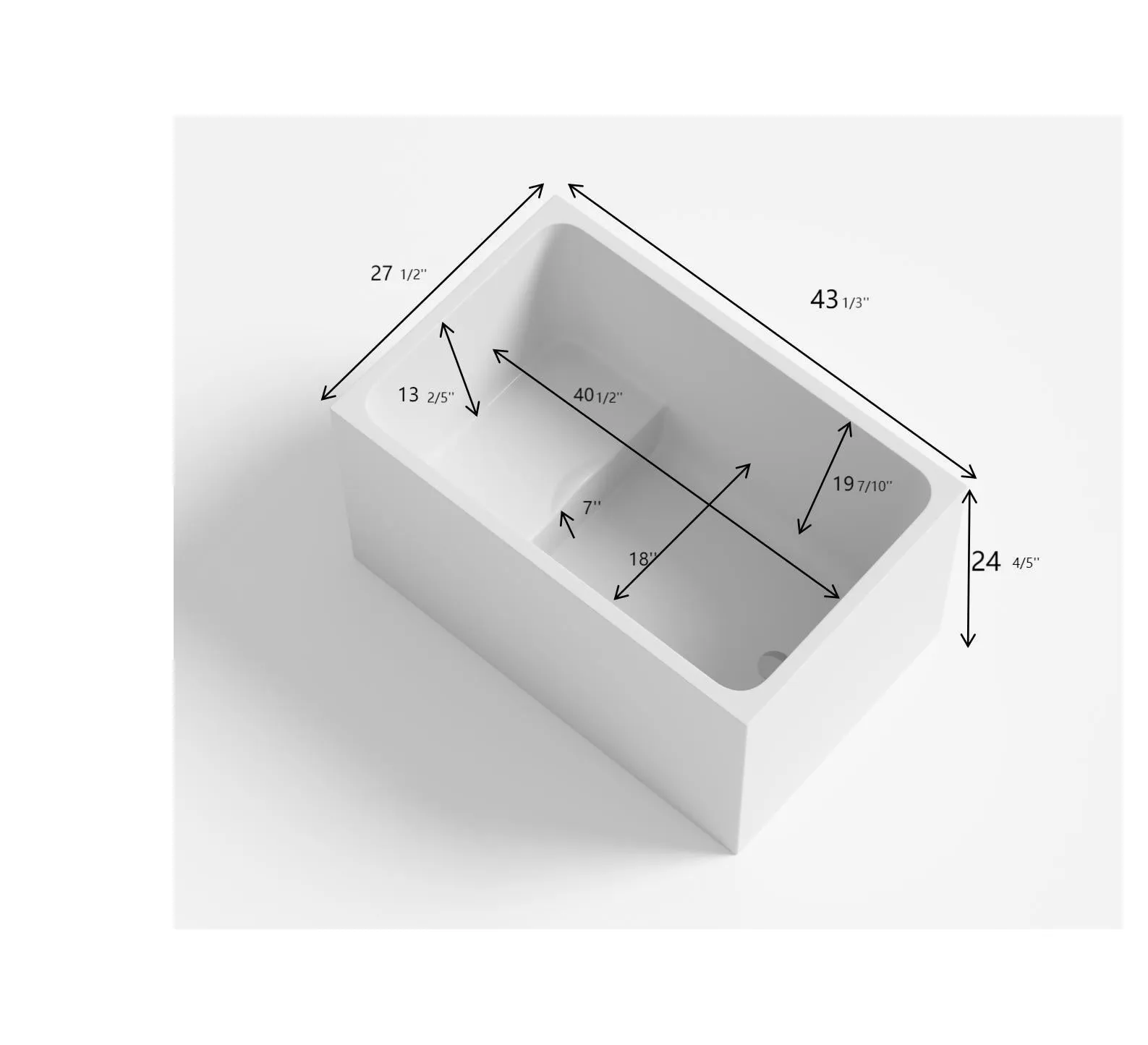 43" Acrylic Freestanding Bathtub with seat: Spacious rectangle Shape, Gloss White Finish, Chrome Overflow & Pop-Up Drain