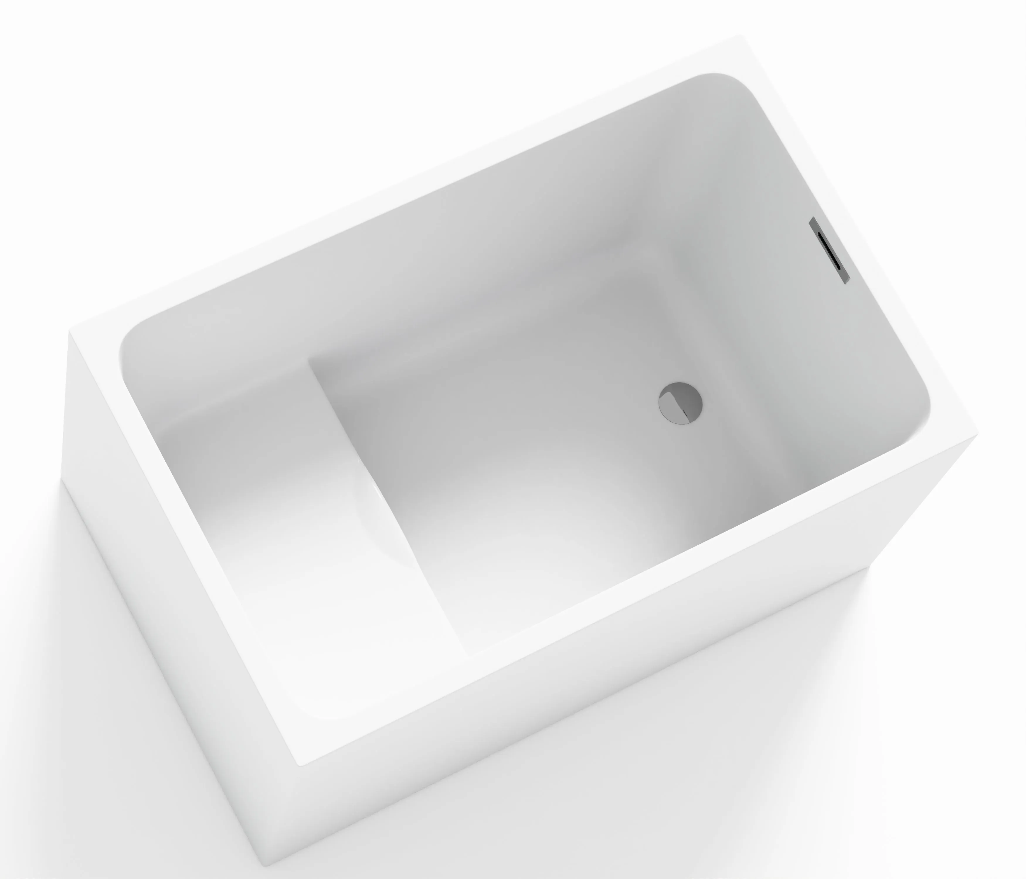 43" Acrylic Freestanding Bathtub with seat: Spacious rectangle Shape, Gloss White Finish, Chrome Overflow & Pop-Up Drain