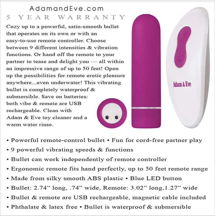 Adam and Eve's Rechargeable Remote Control Bullet Vibrator by Evolved Novelties: Dive into Wireless Pleasure!