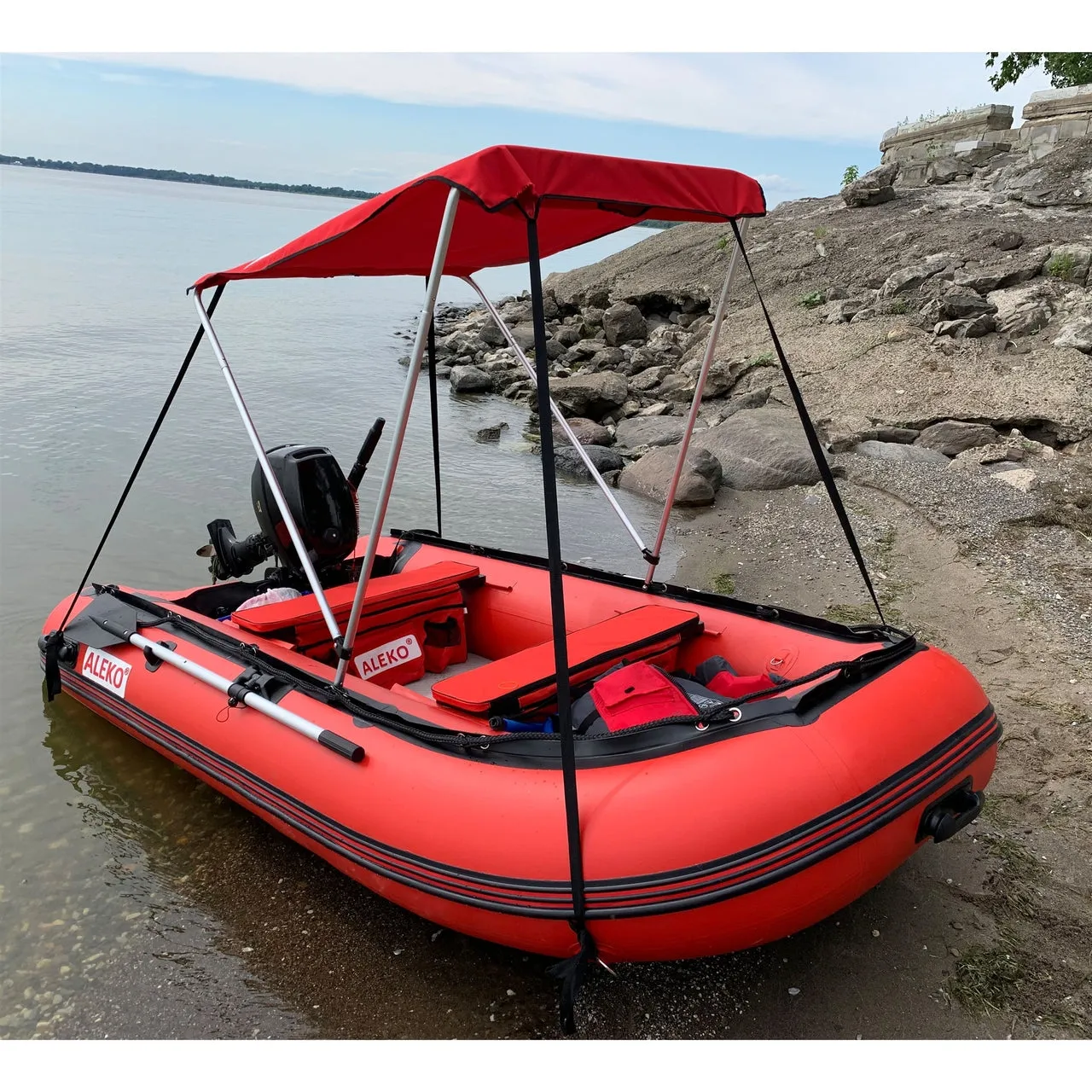 Aleko Boats Waterproof Inflatable Boat Seat Cushion with Under Seat Bag and Pockets - 34 x 9 inches - Red