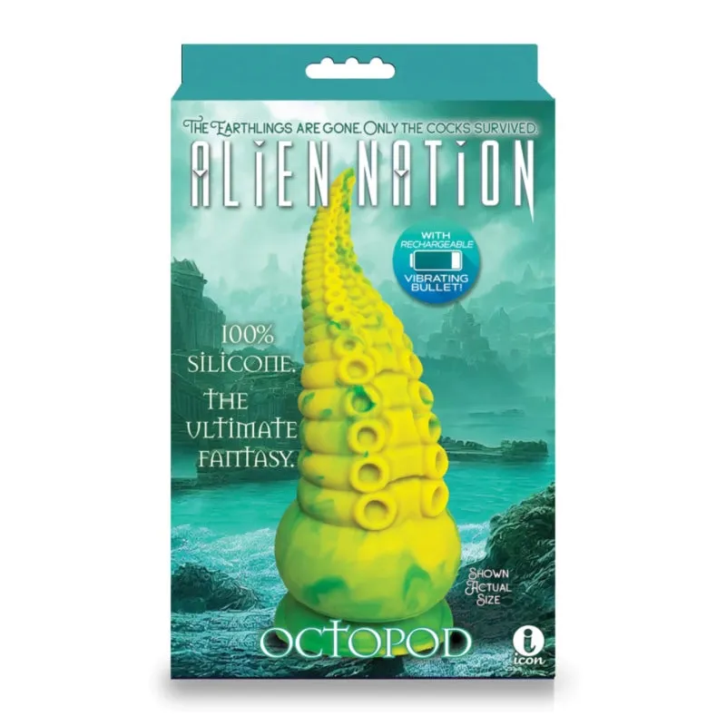 Alien Nation Octopod Silicone Rechargeable  Vibrating Creature Dildo - Yellow and Green