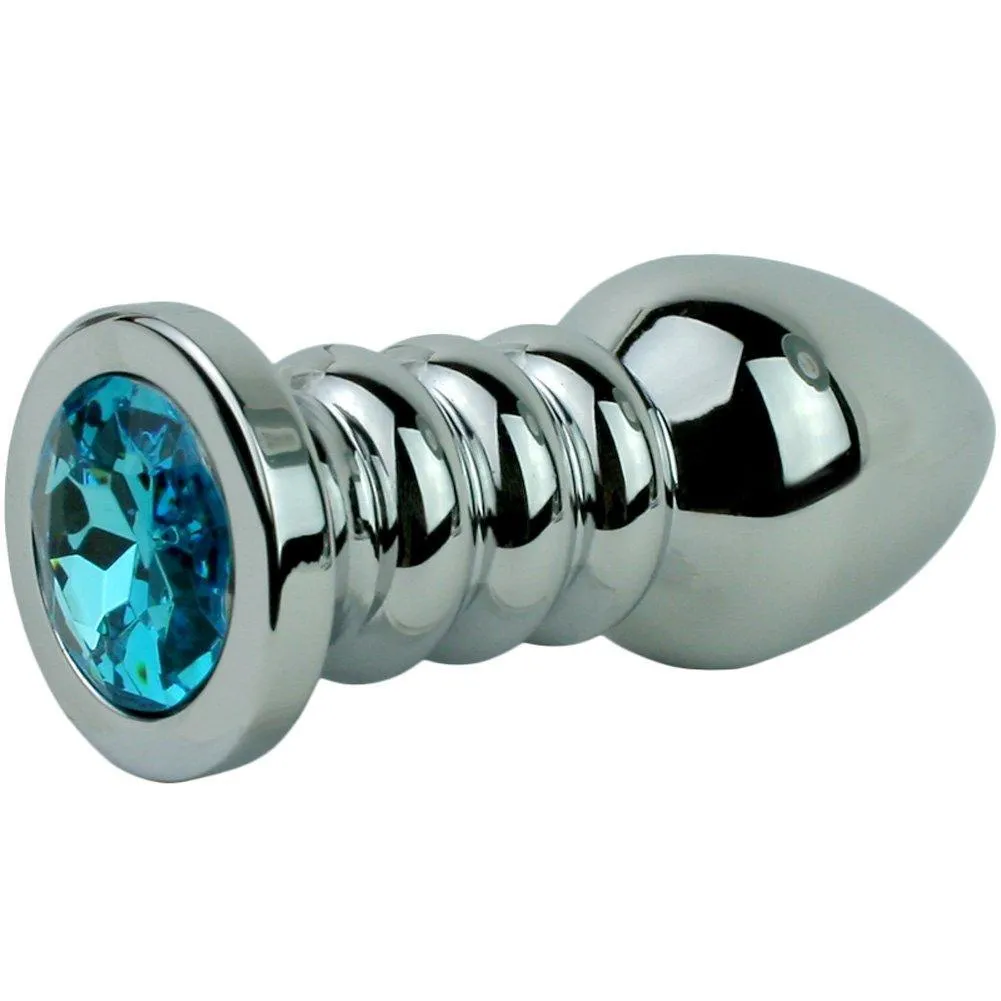 Blue Jewel Rippled Metal Booty Plug - Available in 3 Sizes!