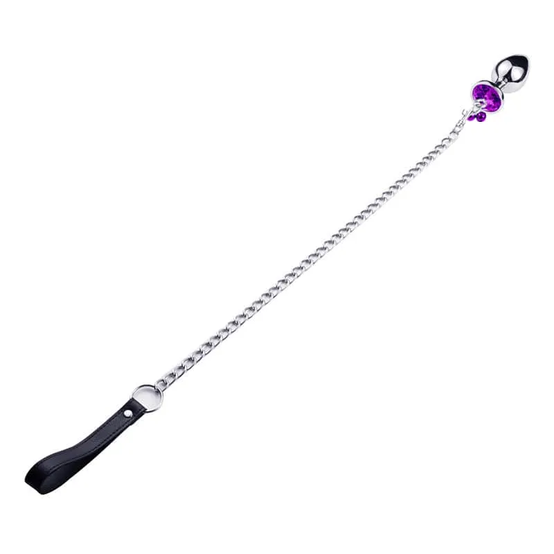 Bondage Leash Metal Butt Plug With Jewel