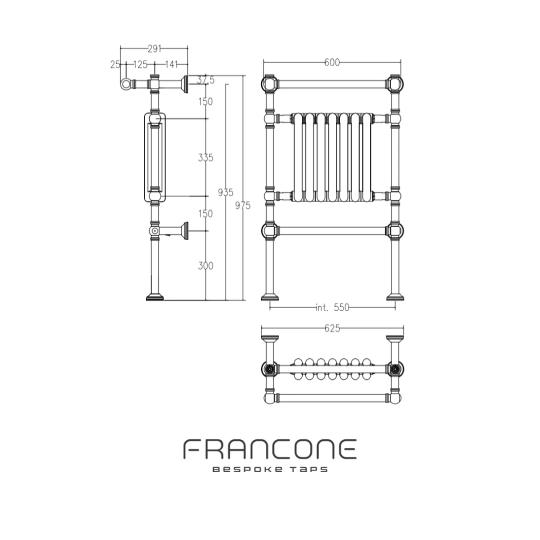 BTR12 Floor and wall mounted heated towel rail in solid brass