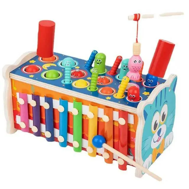 Montessori Wooden 3 IN 1 Xylophone Hammering Pounding Cat Multifunctional Hamster Child Interactive Game